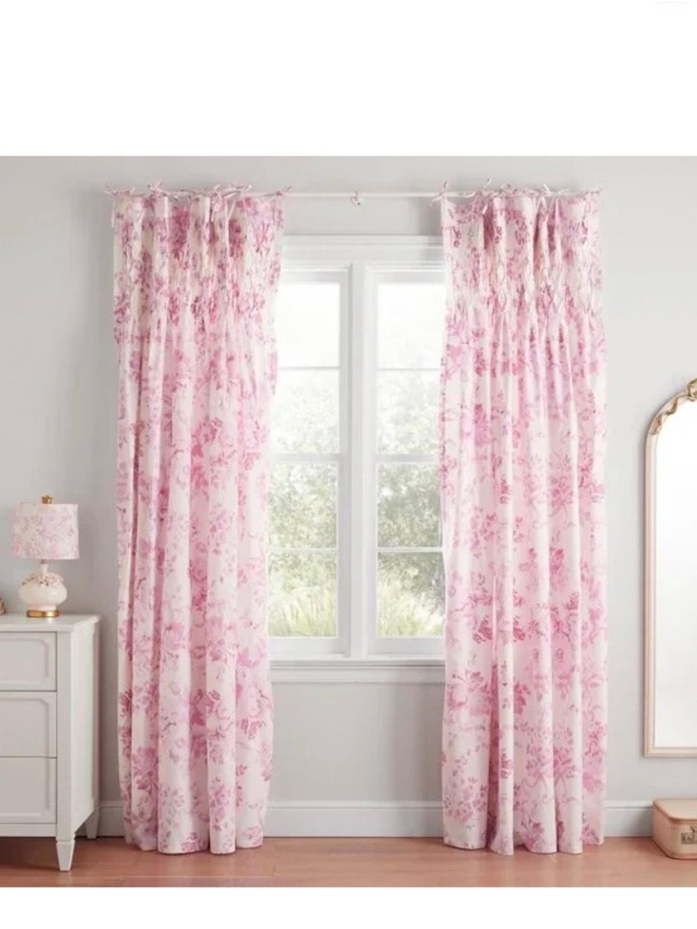 Loveshackfancy Pink Garden Damask Smocked Light-Filtering Curtain 52”W x 84”